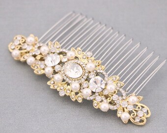 Gold Wedding comb Pearl side comb Wedding hair accessories for bun Rose gold Bridal hair comb Rhinestone headpiece Wedding hair clip Bridal