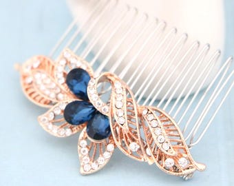 Navy blue Crystal Rhinestone Hair Comb Rose gold Bridal hair clip Wedding hair accessories Bridal hair comb Blue hair jewelry Wedding comb
