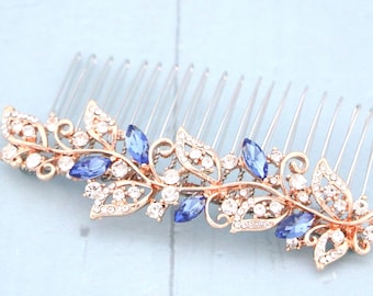 Light Sapphire Crystal Rhinestone Bridal Hair Comb, Rose Gold Wedding Headpiece Gold veil comb Navy blue Wedding hair clip Bridal hair piece