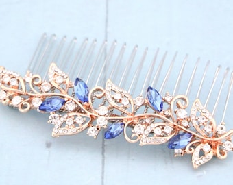 Wedding hair piece with Pearl drop Bridal earrings Rose gold Wedding hair clip Navy blue bridal comb Blue Crystal Wedding earrings Sapphire