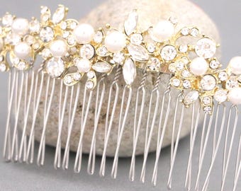 Gold Bridal Hair Comb: Art Deco Rhinestone Pearl Wedding Piece Bridal hair clip Wedding hair accessories Wedding hair comb Crystal hair comb