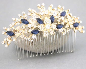 Silver Wedding Hair Comb: Navy Blue Crystal Bridal Headpiece Gold veil comb Wedding hair clip Sapphire Crystal hair comb Rhinestone haircomb