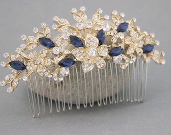 Wedding Hair Accessories for Bun Gold Wedding hair comb Navy blue Bridal comb Blue hair jewelry Rose gold Bridal hair comb Rhinestone comb
