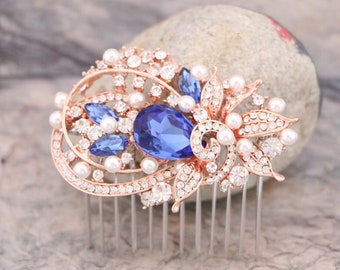 Rose gold Rhinestone Pearl Bridal Hair Comb - Silver Wedding Headpiece Nayv blue Wedding hair clip Bridal hair accessories Wedding comb blue