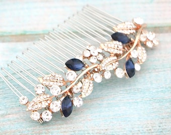 Navy blue Rose gold hair comb Side Bridal headpiece Gold veil comb Montana Crystal hair comb Silver Wedding hair clip Rhinestone hair comb