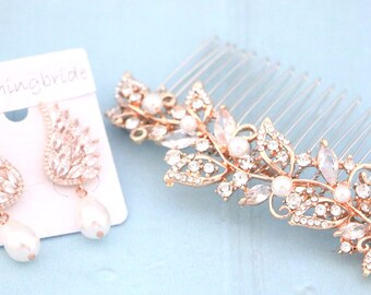 Rose gold hair piece with pearl drop Wedding earrings Bridal hair comb Gold veil comb Silver Bridal hair clip Gold veil comb Bridal earrigns