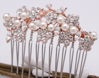 Rose gold Bridal hair comb Gold veil comb Pearl Wedding hair comb Bridal hair accessories for bun Wedding headpiece Bridal comb Crystal comb