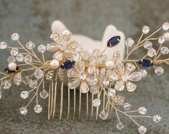 Gold vine comb Navy blue Wedding hair accessories headpiece Rose gold Crystal hair comb Wedding hair jewelry Blue bridal hair comb Side comb