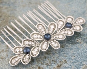 Gold Sparkle Crystal Hair Comb Blue Hair Accessories Blue Crystal Bridal Comb Navy blue Wedding hair comb Rhinestone Wedding hair jewelry
