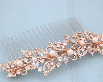 Rose Gold Bridal Headpieces Wedding Hair Piece Champagne Gold veil comb Pearl side comb Wedding hair accessories for bun Bridal hair comb