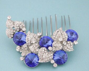 bridal veil comb blue bridal comb Silver Wedding hair comb Navy blue Wedding hair piece Green Crystal hair comb White opal Bridal hair comb