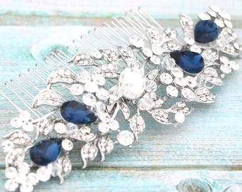 Silver Crystal Bridal Hair Comb, Emerald Sapphire Blue Wedding Headpiece, Wedding hair clip Navy blue Wedding hair clip Gold veil comb Side
