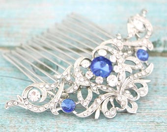 Silver Bridal hair clip Wedding hair comb Navy blue Wedding hair comb Blue hair jewelry Sapphire Crystal hair comb Wedding headpiece Bridal