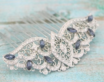 Wedding side comb Navy blue Wedding hair comb Side Bridal headpiece Bridal hair comb Blue hair jewelry Wedding comb in Rhinestone hair comb