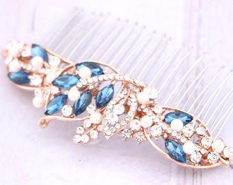 Sapphire Rhinestone Wedding Hair Comb, Rose Gold Bridal Accessory Gold veil comb Navy blue hair comb Silver Wedding hair clip Bridal hairpin