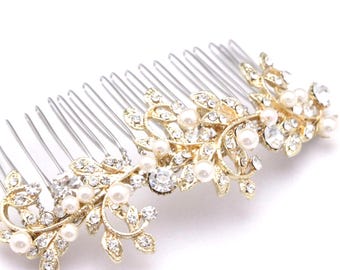 Gold Bridal Hair Comb with Crystals and Pearls – Wedding Hair Accessory Rose gold Wedding hair clip Bridal hair jewelry Wedding comb Side