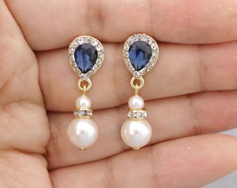 wedding earrings pearl and crystal earrings Navy blue Bridal earrings Mother of the Bride Gift Earrings Something Blue Bridal Jewelry Bridal