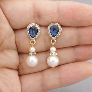 wedding earrings pearl and crystal earrings Navy blue Bridal earrings Mother of the Bride Gift Earrings Something Blue Bridal Jewelry Bridal