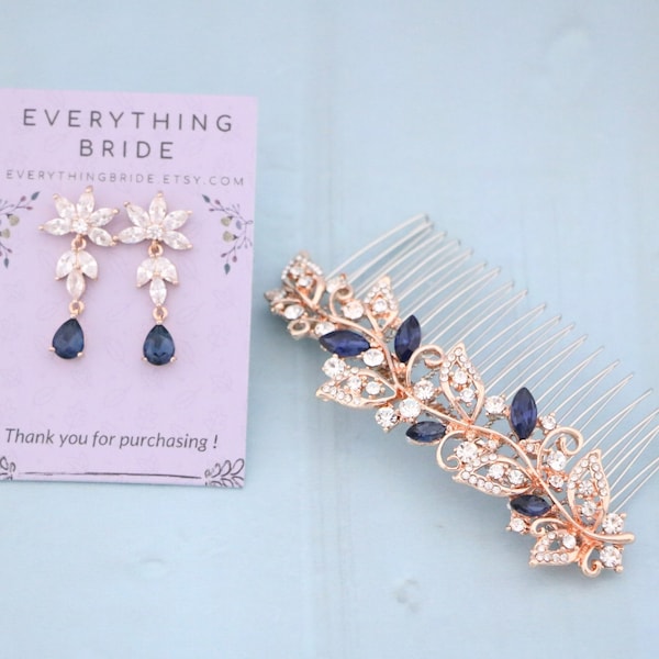 Rose gold Bridal hair comb and Crystal drop Wedding earrings Navy blue Wedding hair piece and Blue Bridal earrings Wedding hair accessories