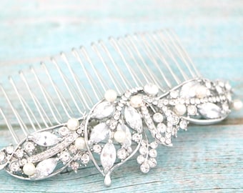 Rhinestone Pearl Bridal Hair Comb - Silver Wedding Headpiece Gold veil comb Wedding hair clip Rose gold Bridal comb Crystal hair comb Side