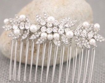 Silver Wedding hair comb Pearl side comb Bridal hair accessories floral Wedding comb Crystal Bridal hair comb Wedding hair jewelry Bridal