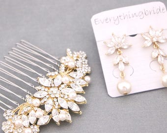 Pearl Drop Wedding Hair Comb and Earrings: Rhinestone Bridal Accessories Rose gold Wedding hair clip Bridal earrings Crystal earrings Bridal