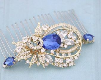Bridal hair clip Sapphire Blue Wedding hair comb Side Bridal headpiece Navy blue Wedding hair accessories for bun Gold Bridal hair comb Boho