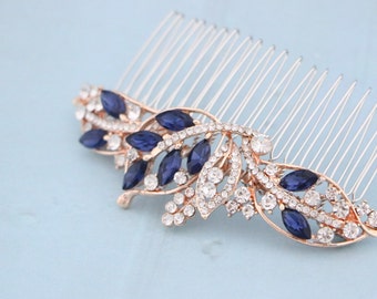 bridal hair piece blue Wedding hair accessories for bun Rose gold Bridal hair comb Navy blue hair clip Gold veil comb Wedding hair comb updo