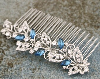 bridal hair comb updo Silver Wedding hair comb Side bridal headpiece Wedding hair jewelry Navy blue Wedding comb Crystal Bridal hair clip