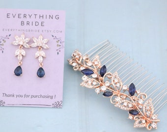 Rose gold Bridal hair comb and Crystal drop Wedding earrings Navy blue Wedding hair piece and Blue Bridal earrings Wedding hair accessories