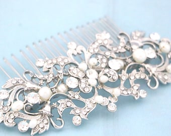 Silver Bridal Hair Comb: Art Deco Rhinestone & Pearl Wedding Piece Bridal hair clip Wedding hair accessories Bridal headpiece Wedding comb