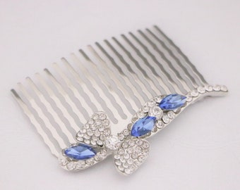 Silver Wedding hair comb Sapphire Blue hair jewelry Wedding headpiece Side bridal hair comb Rhinestone Wedding comb Bridal hair jewelry Boho