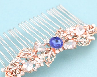 Sapphire Crystal hair comb Rose gold Wedding hair comb Bridal hair clip Wedding hair accessories Bridal hair jewelry Wedding comb Navy blue