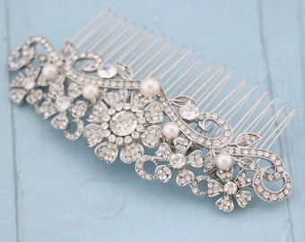 Vintage style Wedding hair comb Side bridal hair piece Pearl hair comb Rhinestone side comb Wedding hair jewelry Bridal accessories haircomb