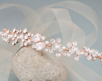 rose gold bridal hair band gold wedding head band wedding headband pearl wedding hair vine crystal ribbon headband Bridal headband Simple