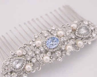 wedding hair pearl accessories Gold Sparkle Crystal Hair Comb Silver Wedding hair comb Blue hair jewelry Navy blue Bridal hair comb Side pin