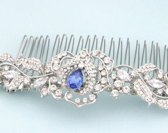 Sapphire Crystal Bridal Hair Comb Silver Wedding hair accessories Navy blue Bridal hair clip Rhinestone Wedding comb Bridal headpiece Side
