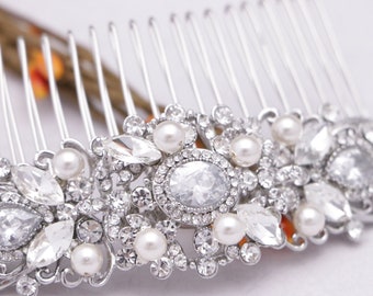 Pearl and Crystal comb Side Bridal headpiece White opal Wedding hair comb Navy blue Wedding comb Sapphire Blue hair comb Gold veil comb Boho