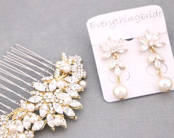 Gold Wedding hair piece and Earrings set Rose gold Wedding comb Bridal hair jewelry Wedding hair accessories for bun Bridal earrings drop