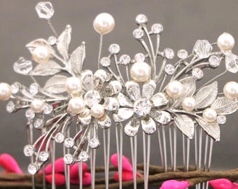 Silver Wedding Hair Comb: Pearl & Crystal Bridal Hairpiece Pearl drop Wedding earrings Gold Bridal hair clip Bridal earrings Rhinestone comb