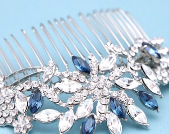 Gold Floral Bridal Hair Comb: Sapphire Rhinestone Hairpiece Silver Wedding hair clip Navy blue Bridal comb Wedding hair accessories Bridal