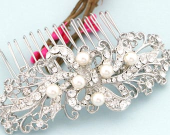 Silver Bridal Hair Comb: Pearl & Rhinestone Wedding Headpiece Bridal hair accessories Wedding hair comb Crystal Wedding comb Bridal hairclip