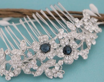 Silver Wedding comb Navy blue Wedding hair comb Silver Bridal hair accessories for bun Crystal Bridal hair comb Headpiece Wedding hair clip