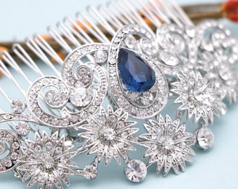 Montana Crystal hair comb Silver Wedding hair accessories Bridal hair jewelry Wedding headpiece Bridal hair clip Navy blue hair comb Bridal