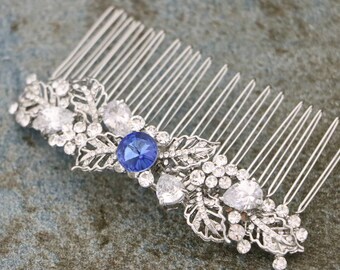 wedding hair side clip large bridal hair comb head pieces for wedding rhinestone Wedding hair comb Blue Wedding comb in Navy blue hair comb