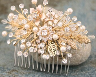 Hair Piece Wedding Gold veil comb Wedding Hair Accessories for Bun Flower and Leaf Hair Comb Rose gold Wedding hair comb Side bridal comb