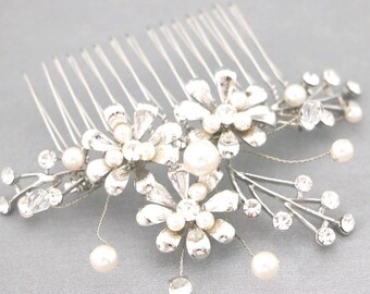 Boho Pearl Bridal Hair Comb: Silver, Gold, Rose Gold Tones Wedding hair clip Bridal hair accessories Wedding hair comb Pearl hair comb Side