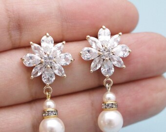 wedding earrings pearl drop Bridal jewelry earrings Gold CZ earrings Rose gold wedding earrings for mother of bride Silver Bridal earrings
