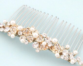 Gold Rhinestone Pearl Bridal Hair Comb & Earrings, Wedding Headpiece Pearl drop Wedding earrings Bridal hair clip Bridal hair accessories