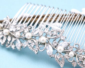 Crystal Pearl Bridal Hair Comb – Silver Tone Wedding Accessory Wedding hair piece Bridal hair clip Wedding comb Rhinestone side comb Bridal